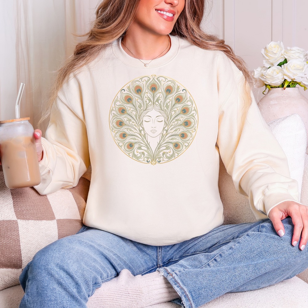 Peacock Nimbus Surrounding a Serene Woman's Face Sweatshirt